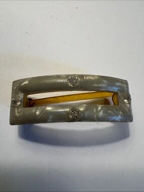 Vintage 1920s Gray Marbled Rectangular Hair Barrette with Amber Accent